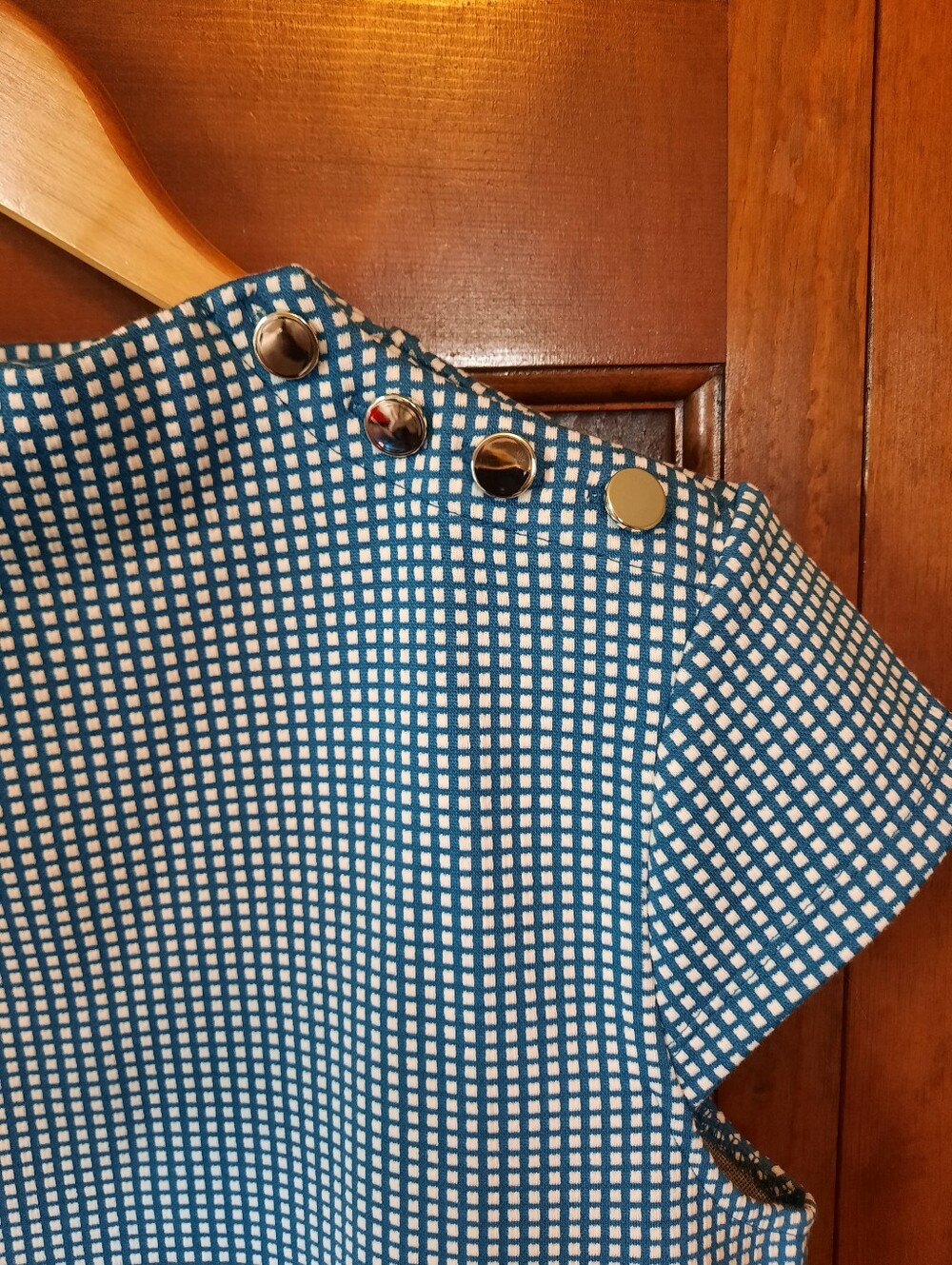 π NWT Ann Taylor Retro Mod Mockneck Blue Gingham Plaid Cap Sleeve Top Size MP - Picture 3 of 7